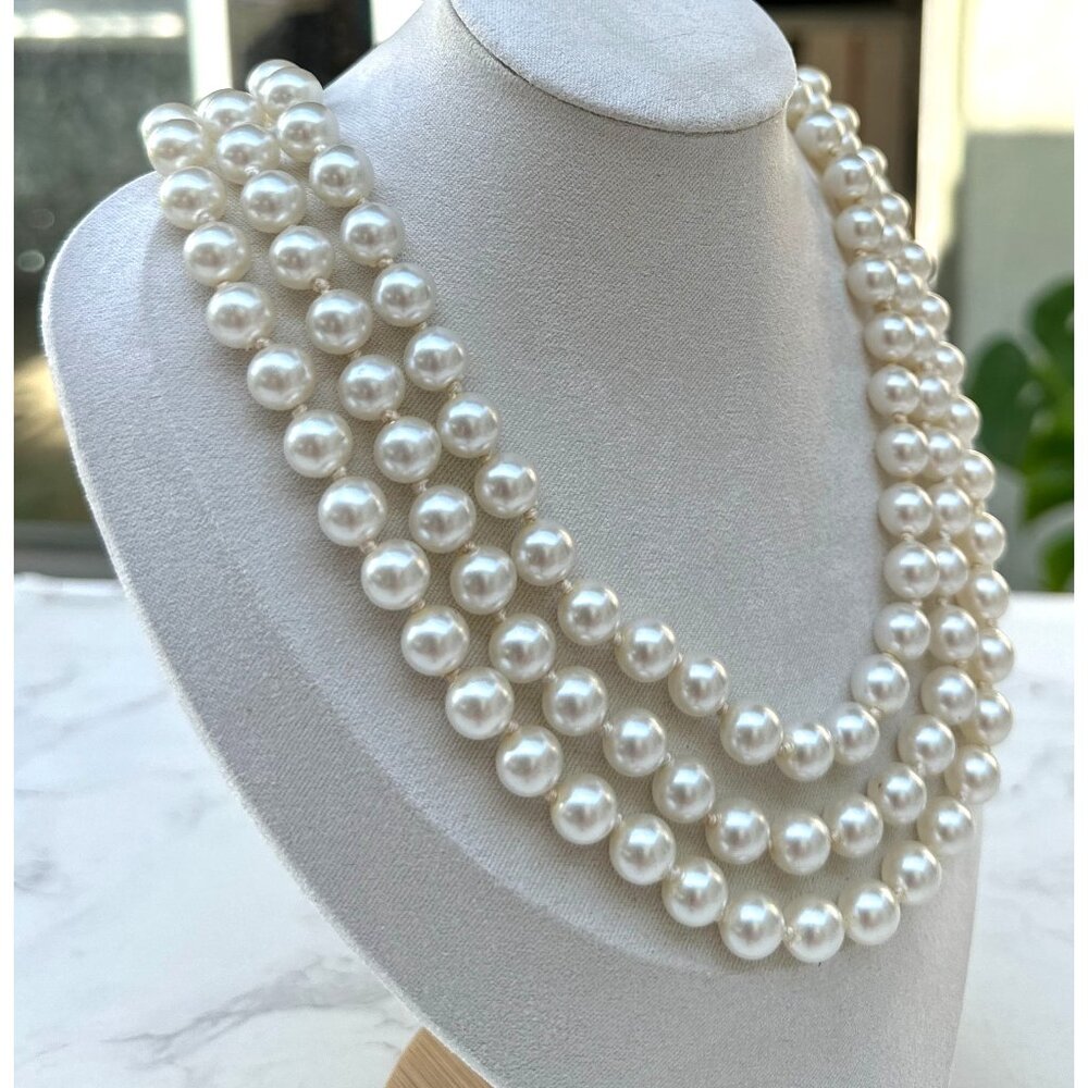Faux Pearl Triple Strand Necklace With Gold Flower Clasp, Bridal Jewerlry, Gift - Picture 3 of 13